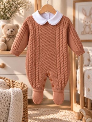Saída Maternidade (5 Peças) – Macacão Tricô Premium + Body +Manta + Luva + Gorro - Ocre