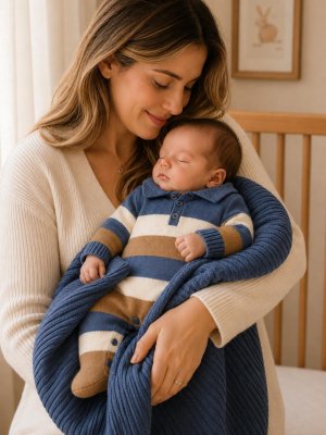 Saída Maternidade (2 Peças) – Macacão Tricô Premium + Manta - Polo Azul Mescla, Marrom e Branco