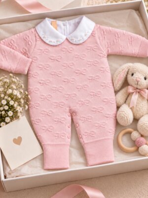 Macacão Tricô Premium + Body (2 Peças) - Rosa Laços