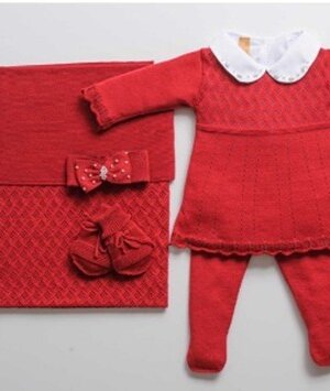 Saída de Maternidade (6 Peças) – Vestido + Meia Calça Tricô Premium + Body + Manta + Luva + Faixa
