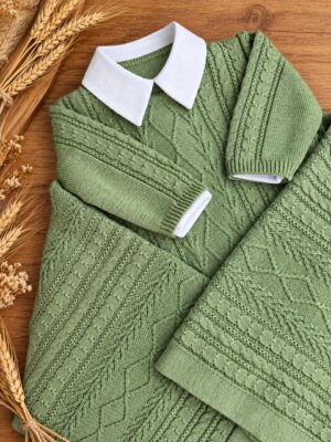 Saída Maternidade (3 Peças) - Macacão Tricô Premium + Body + Manta - Verde Alecrim