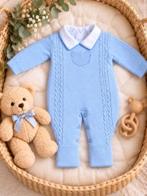 Macacão Tricô Premium + Body (2 Peças) - Azul Claro Urso